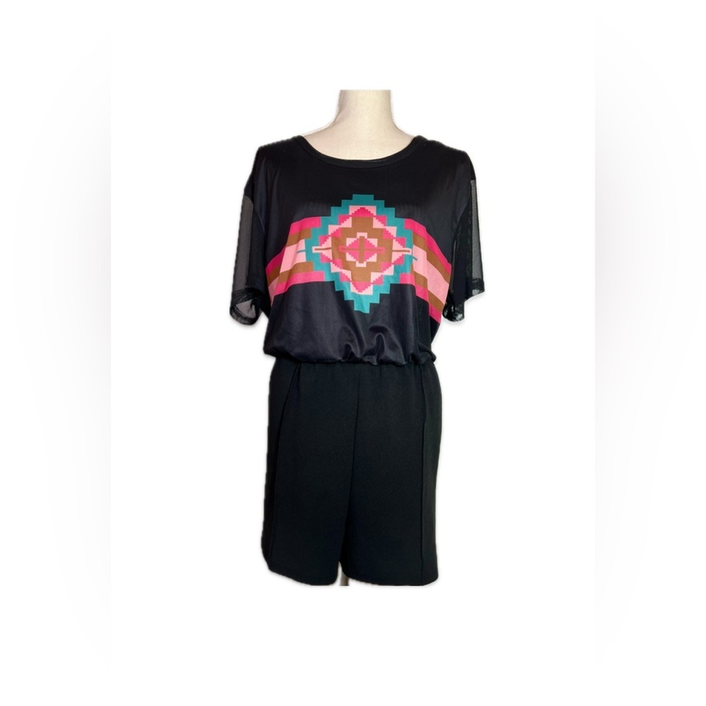 Crazy Train Romper Women’s Size 3XL Black with Pink and Turquoise Design